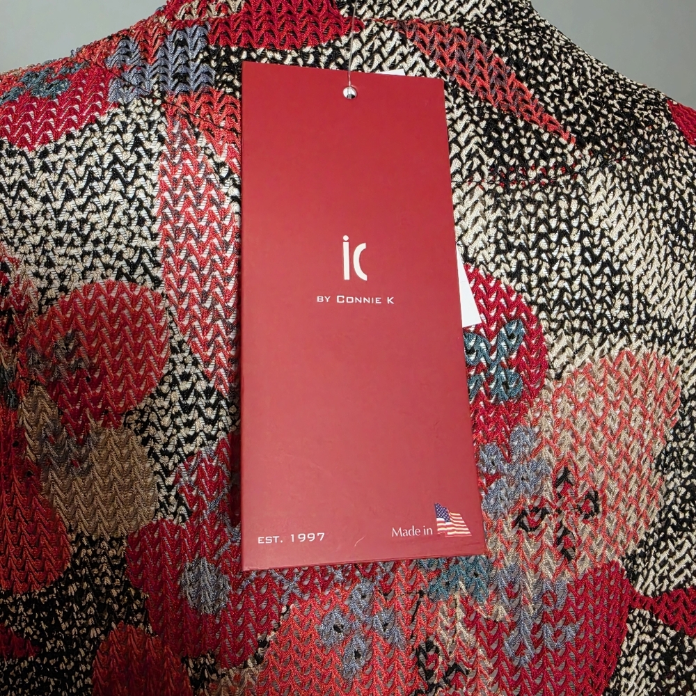 IC By Connie K Collection Jacket Red Floral Knitted Jacquard Kimono sz S - Picture 11 of 14